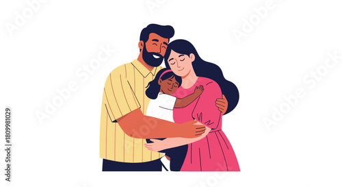 Loving multiracial family with a father mother and daughter sharing a warm and happy embrace on a white background illustration.