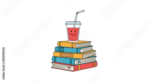 Cute and quirky illustration of a smiling red drink in a plastic cup sitting on a tall stack of colorful library books.