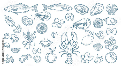 Hand-drawn line art collection of various fresh seafood ingredients pasta types and garnishes on a clean white background.
