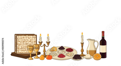 Traditional Passover Seder plate arrangement with matzah unleavened bread wine and candles for the Jewish holiday meal.