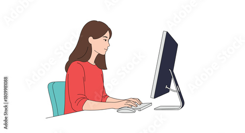 Young woman with long brown hair is shown from the side sitting at a desk and typing on a modern desktop computer keyboard.