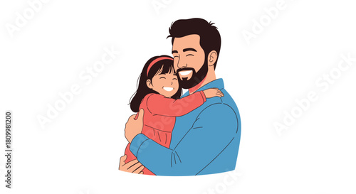 Loving father with a beard happily hugs his smiling young daughter in a heartwarming display of family affection.
