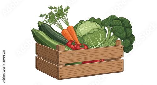 Wooden crate filled with a variety of fresh organic vegetables including carrots zucchini cabbage broccoli and tomatoes.
