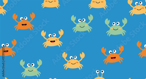 Cheerful seamless pattern of cute cartoon crabs in orange yellow and green colors on a bright blue water background.