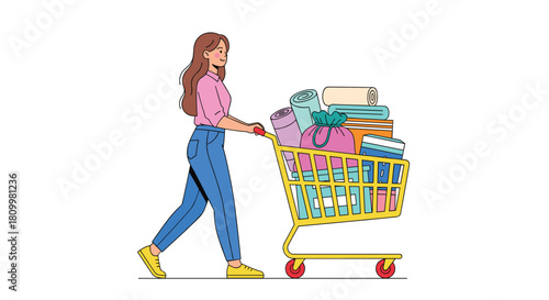 Happy young woman pushes a shopping cart that is completely full of various household goods textiles and purchases.