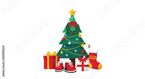 Festive illustration of a decorated Christmas tree surrounded by wrapped presents stockings and boots on a white background.