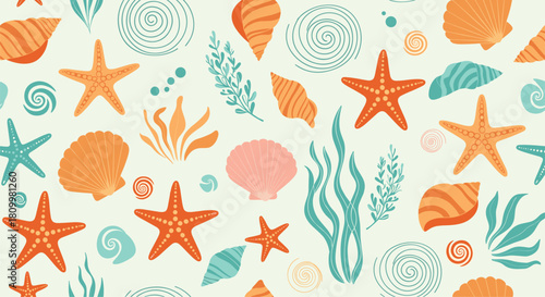 Colorful seamless pattern with an underwater theme featuring starfish seashells and seaweed in orange and turquoise hues.