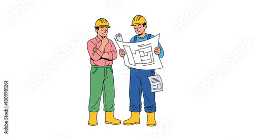 Two male construction engineers wearing hard hats are shown collaborating and looking over architectural blueprints.