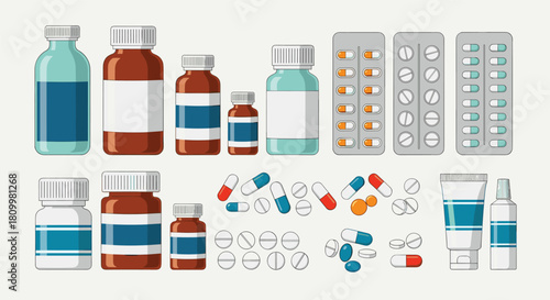 Collection of various medications including pills in blister packs capsules and bottles of syrup on a light background.