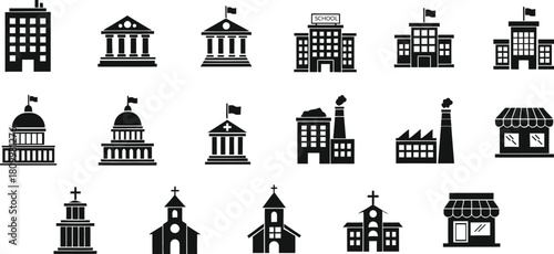 Black and white building silhouettes collection vector illustration