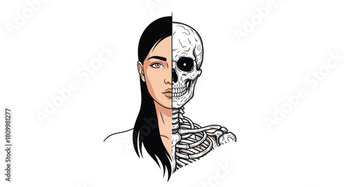 Artistic illustration of a woman's face split in half showing her living self on one side and her skeleton on the other.