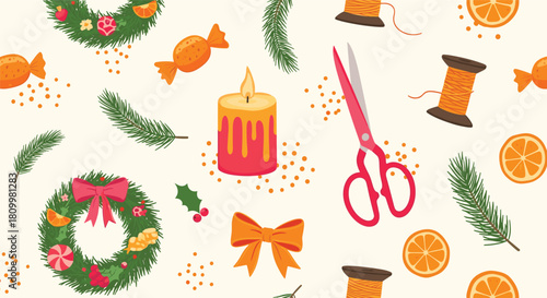 Seamless pattern of Christmas crafting items including wreaths candles scissors ribbon and orange slices for decoration.