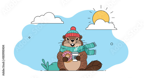 Cute cartoon groundhog wearing a winter hat and scarf enjoys a hot coffee and a donut on a partly cloudy day.