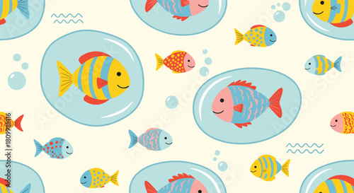 Adorable seamless pattern of colorful cartoon fish swimming in the water with some enclosed in large air bubbles.