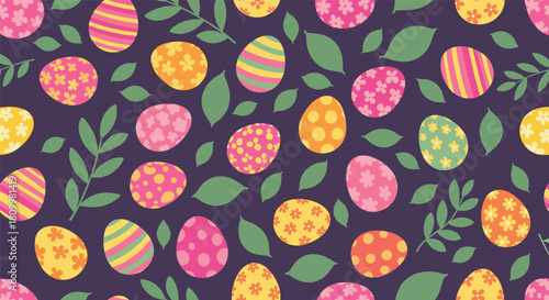 Vibrant seamless Easter pattern with colorfully decorated eggs and green leaves on a dark purple background.
