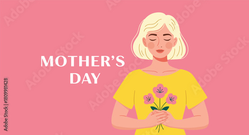 Gentle mother's day greeting card shows a serene woman with blonde hair holding a small bouquet of pink flowers.