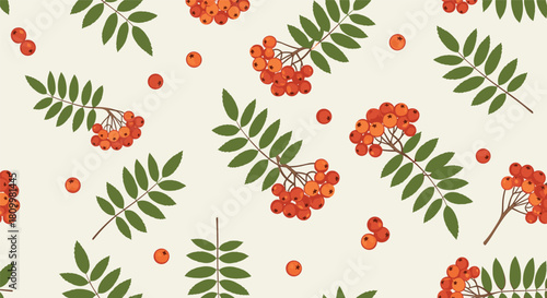 Seamless autumn pattern with clusters of orange rowan berries and their distinctive green leaves on a light background.