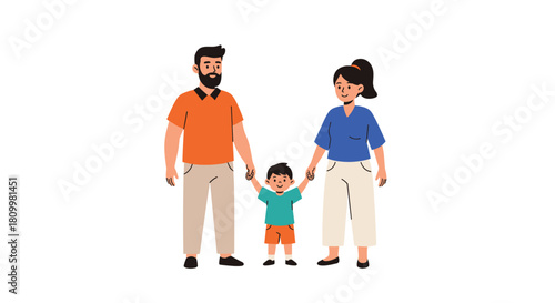 Simple illustration of a happy family unit with a father mother and a small child standing together holding hands.