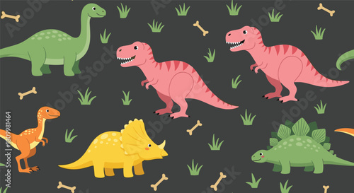 Fun seamless pattern for kids featuring various cute dinosaurs like t-rex and stegosaurus on a dark gray background.