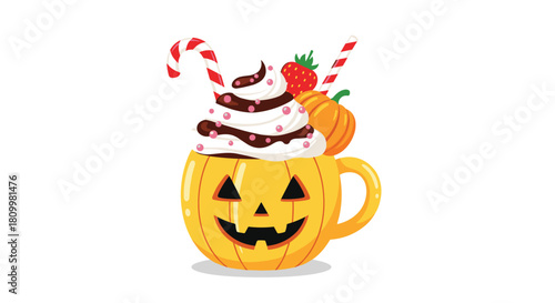 Adorable Halloween dessert served in a jack-o-lantern mug with whipped cream a candy cane and a strawberry on top.