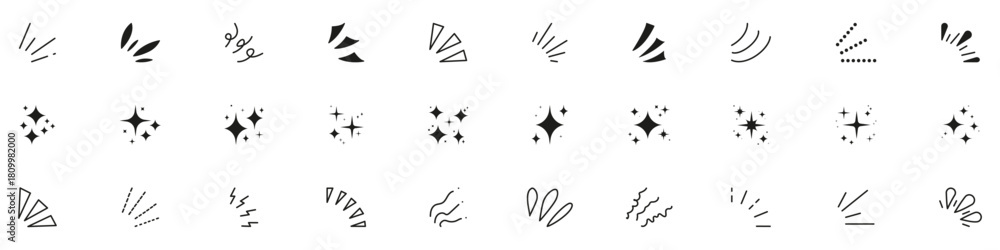 Naklejka premium Hand drawn explosion surprise line and silhouette icon. Shine rays and sparkles. Sunburst doodle set. Hand drawn explosion surprise elements. Isolated Vector Illustration