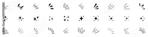 Hand drawn explosion surprise line and silhouette icon. Shine rays and sparkles. Sunburst doodle set. Hand drawn explosion surprise elements. Isolated Vector Illustration
