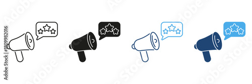 Megaphone With Star Rating Line And Solid Icon Set. Customer Feedback, Review, And Quality Assessment Outline And Silhouette Symbol Collection. Isolated Vector Illustration