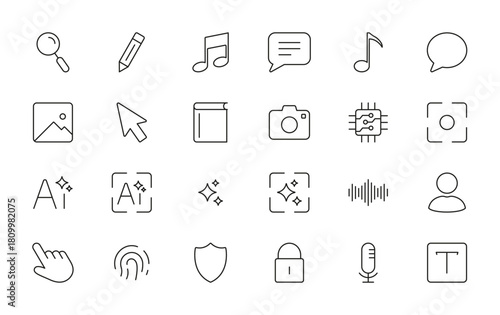Communication Icon Set. Digital Media, Security, And User Interface Outline And Silhouette Symbol Collection. Technology And Interaction Elements. Isolated Vector Illustration