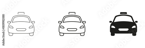 Taxi Cab Front View Line And Solid Icon Set. Transportation, Ride-Hailing, And Urban Mobility Outline And Silhouette Symbol Collection. Taxi Service. Isolated Vector Illustration