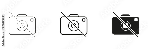 No Photography Allowed Camera Line And Solid Icon Set. Photography Restriction, Privacy Protection, And No Photos Policy Outline And Silhouette Symbol Collection. Isolated Vector Illustration