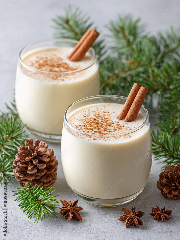 Fototapeta premium Delicious holiday coquito drinks with cinnamon and festive pine decorations on a winter table