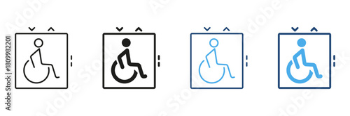 Wheelchair Accessible Elevator Line And Solid Icon Set. Accessibility And Mobility Support Outline And Silhouette Symbol. Inclusive and Universal Access Icons. Isolated Vector Illustration