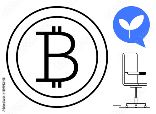Bitcoin currency design, leaf inside chat bubble for sustainability, sleek office chair sketch. Ideal for finance, blockchain, technology, eco-consciousness, workspace, modern design minimalism