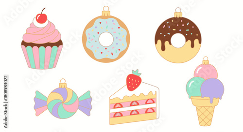 Cute Christmas Character Icons Santa, Reindeer, Elf, Snowman, and Polar Bear Illustrations