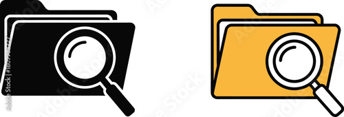 Two folder icons with magnifying glasses one dark and one yellow