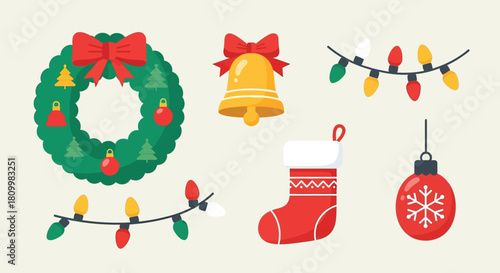 Cute Christmas Character Icons Santa, Reindeer, Elf, Snowman, and Polar Bear Illustrations
