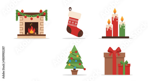 Cute Christmas Character Icons Santa, Reindeer, Elf, Snowman, and Polar Bear Illustrations