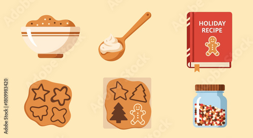Cute Christmas Character Icons Santa, Reindeer, Elf, Snowman, and Polar Bear Illustrations