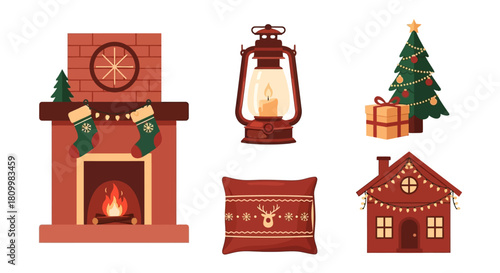 Cute Christmas Character Icons Santa, Reindeer, Elf, Snowman, and Polar Bear Illustrations