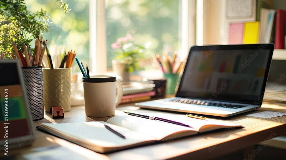 Fototapeta premium A close-up of a cozy workspace in a bright, creative studio. A desk with open notebooks, pens, a coffee cup, and a laptop is surrounded by art supplies and colorful decor. The natural light from the