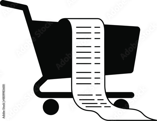 Black shopping cart icon filled with a long receipt list design