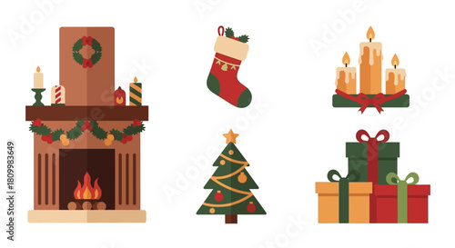 Cute Christmas Character Icons Santa, Reindeer, Elf, Snowman, and Polar Bear Illustrations