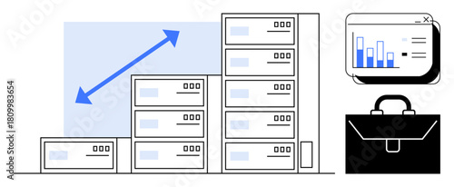 Stacked servers with upward arrow, data graph on monitor, and business briefcase. Ideal for growth, data storage, analytics, business, scalability IT solutions corporate strategy. Simple flat