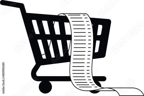 Shopping cart overflowing with a long receipt representing retail expenses