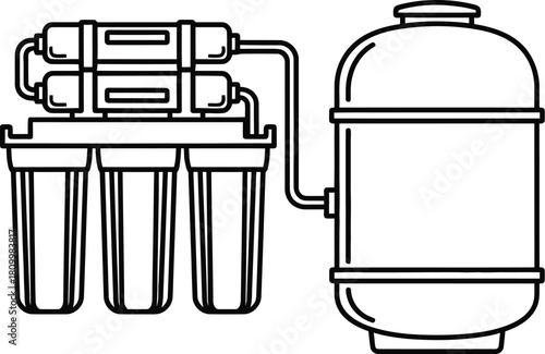 Line art illustration of a water filtration system and propane tank