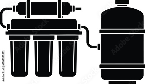 Simple black and white illustration of a water filtration system and tank