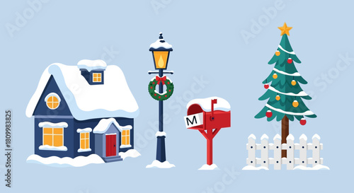Cute Christmas Character Icons Santa, Reindeer, Elf, Snowman, and Polar Bear Illustrations