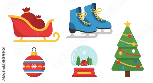 Cute Christmas Character Icons Santa, Reindeer, Elf, Snowman, and Polar Bear Illustrations