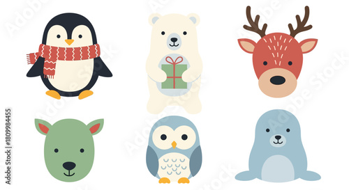Cute Christmas Character Icons Santa, Reindeer, Elf, Snowman, and Polar Bear Illustrations