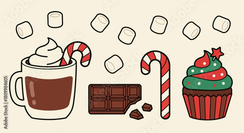 Cute Christmas Character Icons Santa, Reindeer, Elf, Snowman, and Polar Bear Illustrations